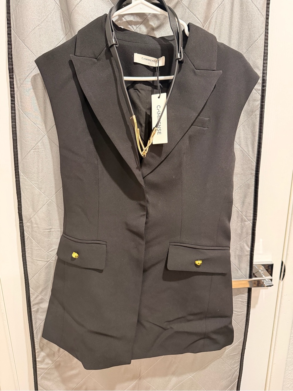 Commense- Sleeveless Black Tailored Vest with Gold Belt - Picture 3 of 5